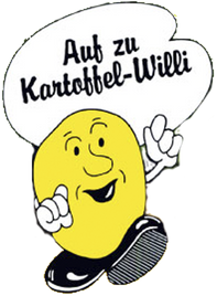 Ein Cartoon einer Kartoffel mit einer Sprechblase, die sagt: „Auf zu Kartoffel-Willi“