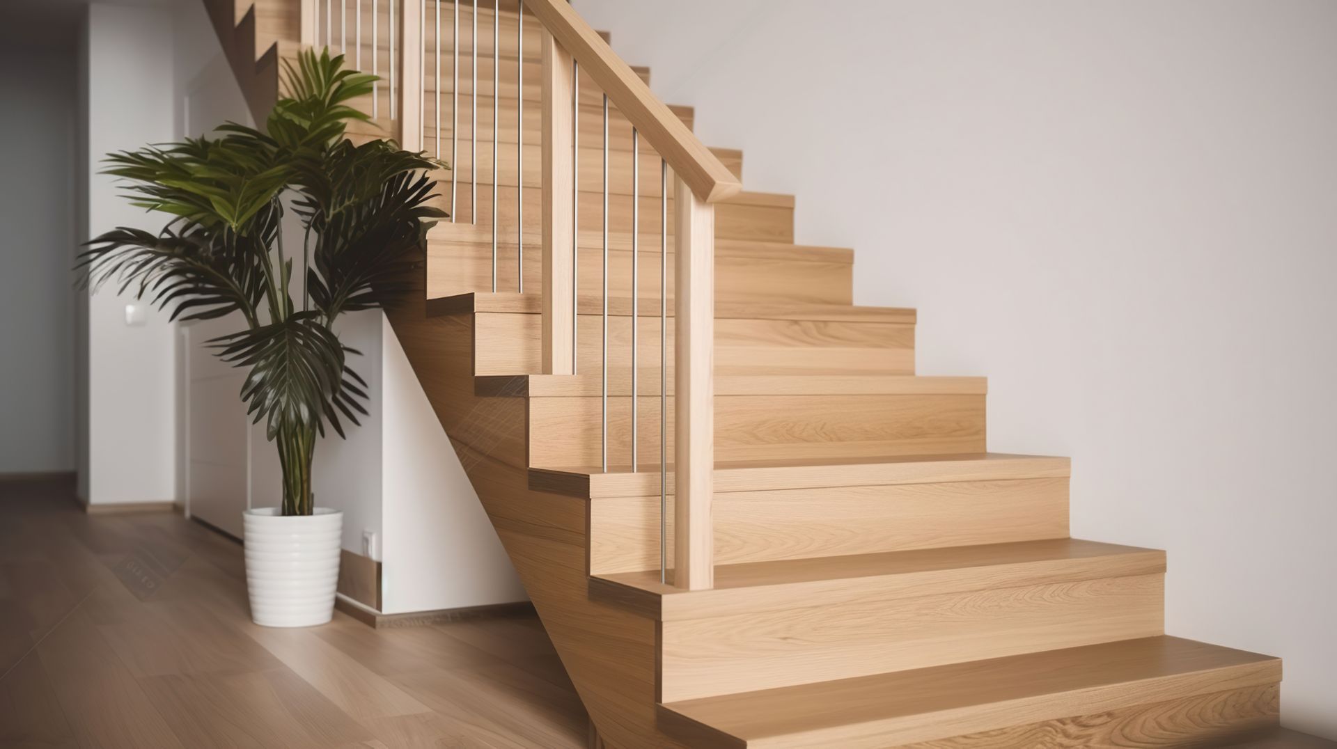 Escalier moderne en bois le long d'un mur blanc, avec une plante en pot sur le palier.