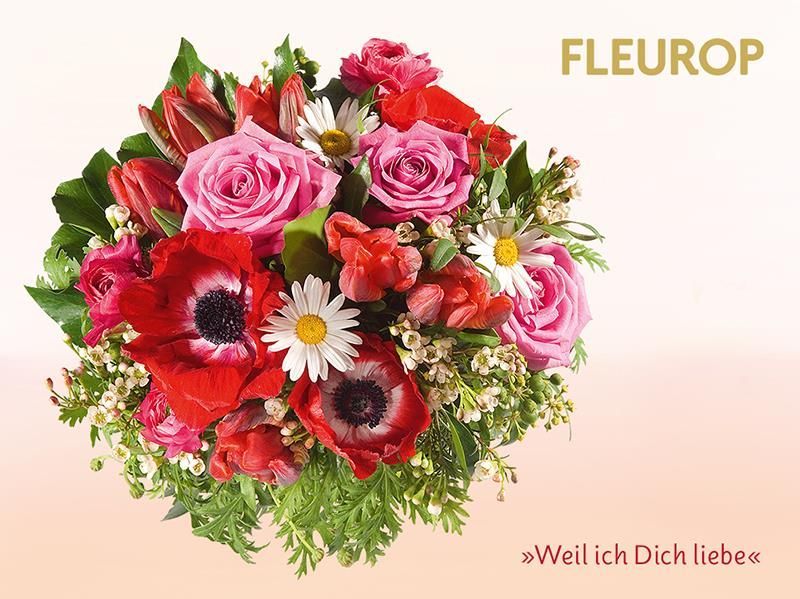 Ein Blumenstrauß mit Fleurop auf der Unterseite geschrieben