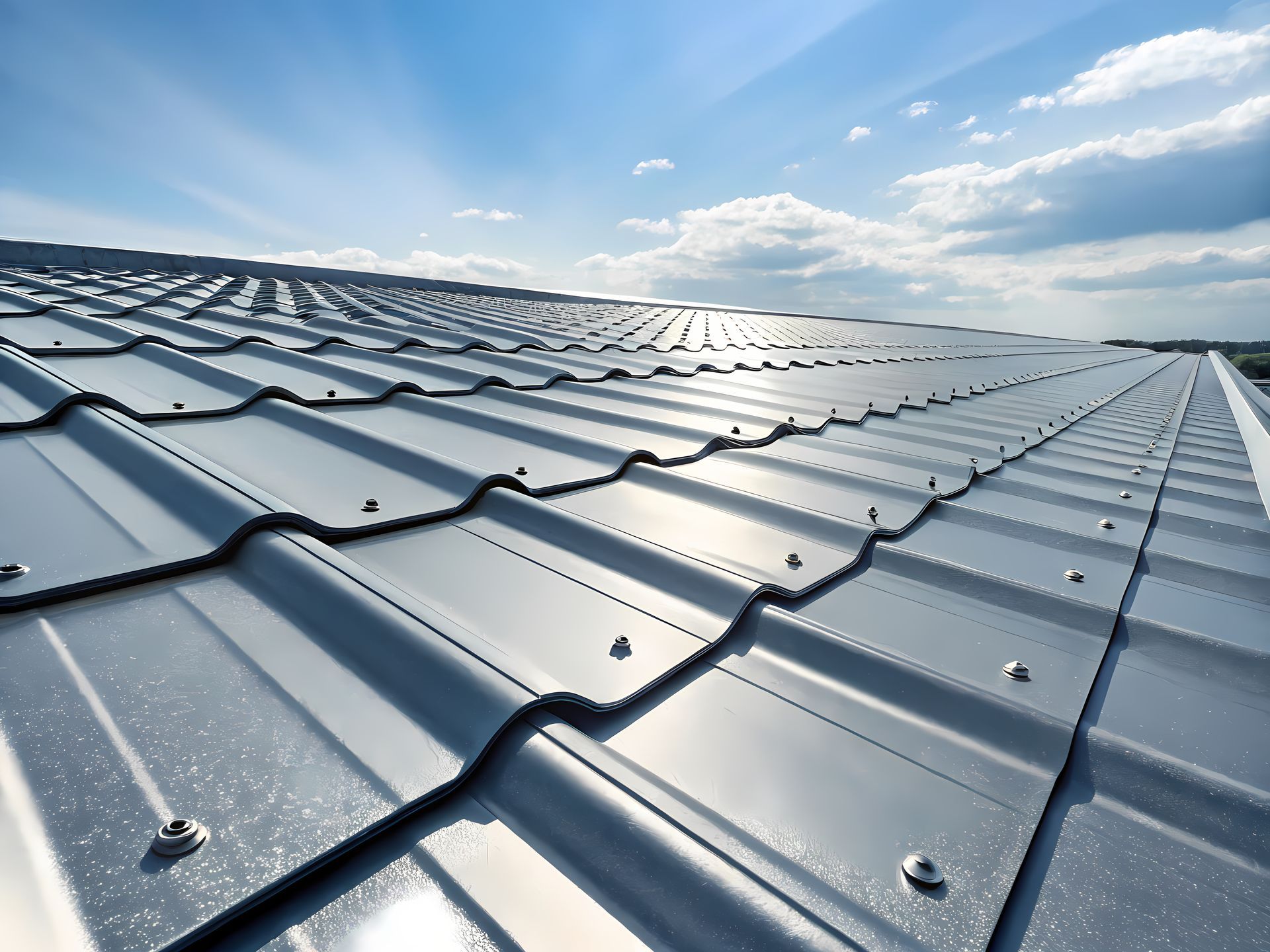 Gros plan, vue en angle d'un toit moderne en tuiles métalliques gris argenté sous un ciel bleu vif parsemé de nuages ​​épars.