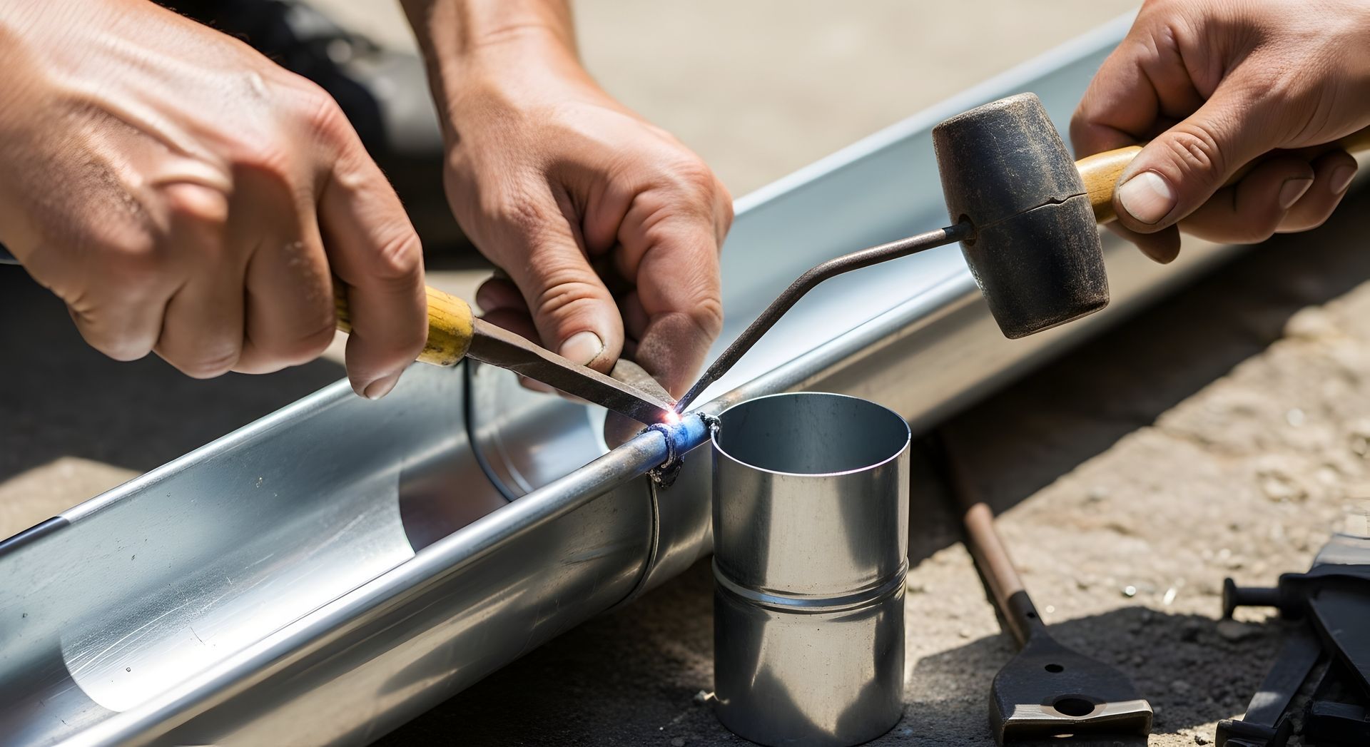 Des ouvriers utilisent une pince et un maillet pour plier et ajuster une section de gouttière métallique à l'extérieur.
