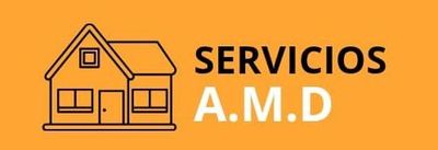 Un logotipo para servicios amd con una casa sobre un fondo naranja.