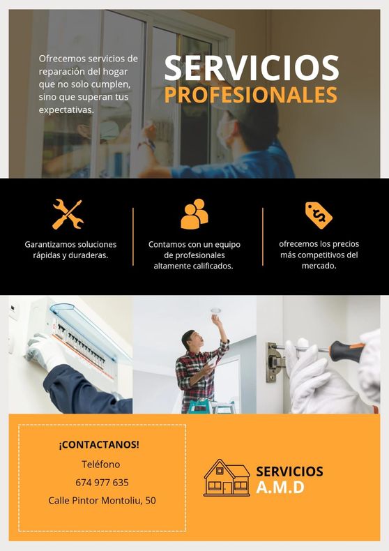 A flyer for servicios profesionales shows a man fixing a window.