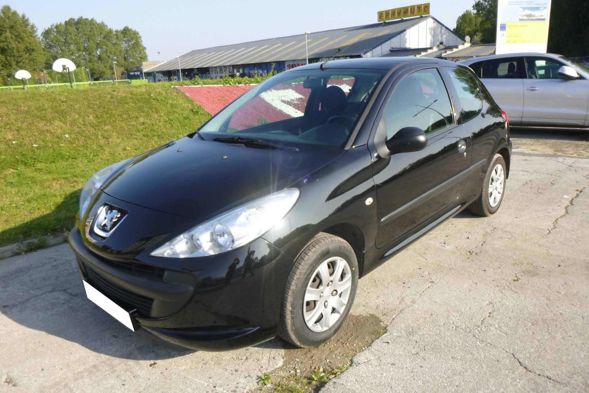 Peugeot 206 noire garée sur l'asphalte, herbe verte en arrière-plan.