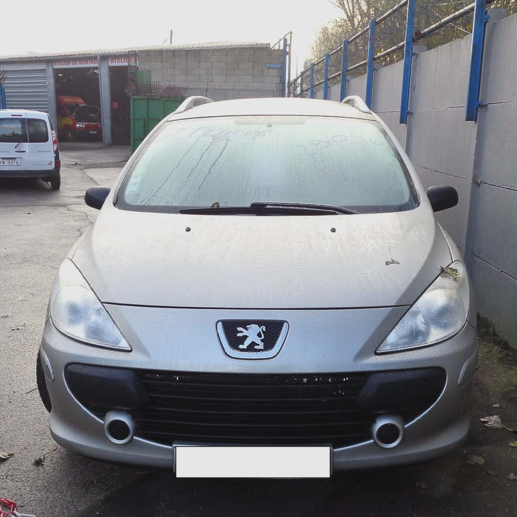 Une Peugeot 307 SW break argentée est garée devant un garage, avec une clôture grise en arrière-plan.