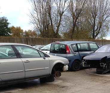 Des voitures dans une casse ; des véhicules argentés et bleus, sans pneus ni parties avant, garés à l’extérieur.