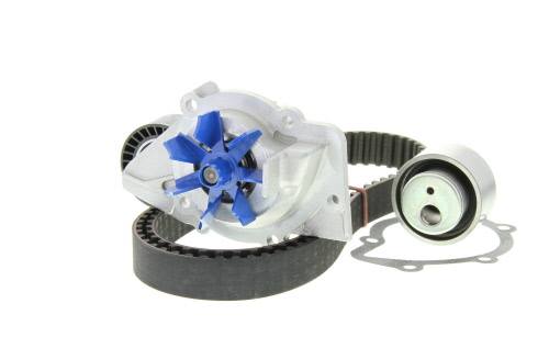 Pompe à eau de voiture, turbine bleue, courroie de distribution, tendeur et joint.