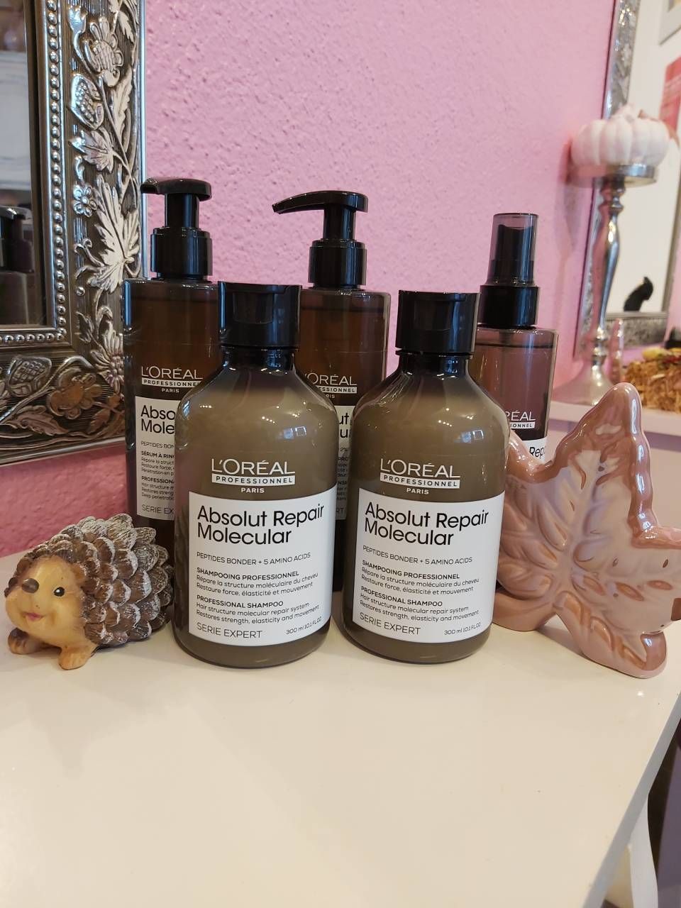 Mehrere Flaschen Loreal Haarpflegeprodukte stehen auf einem Tisch. BM Hair and Beauty