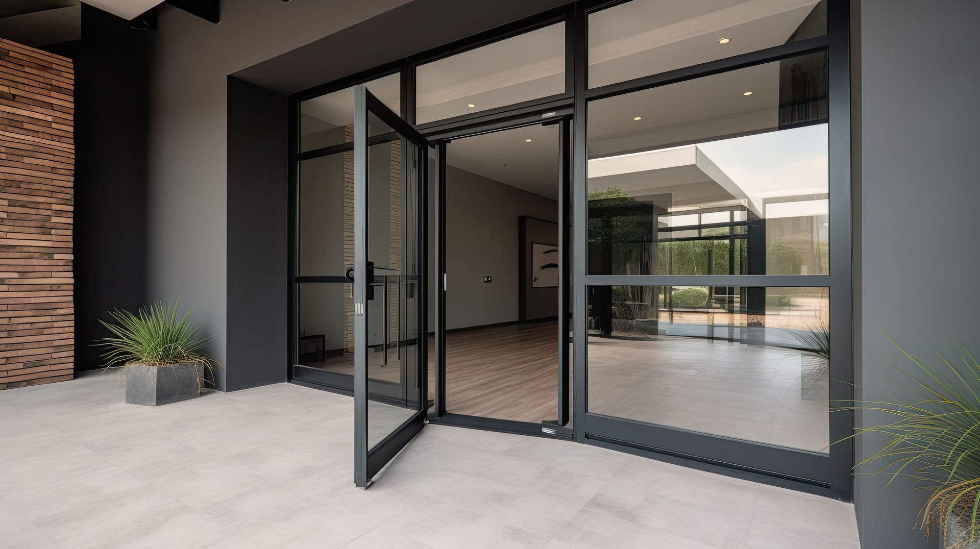 Porte d'entrée ouverte menant vers le hall d'un immeuble