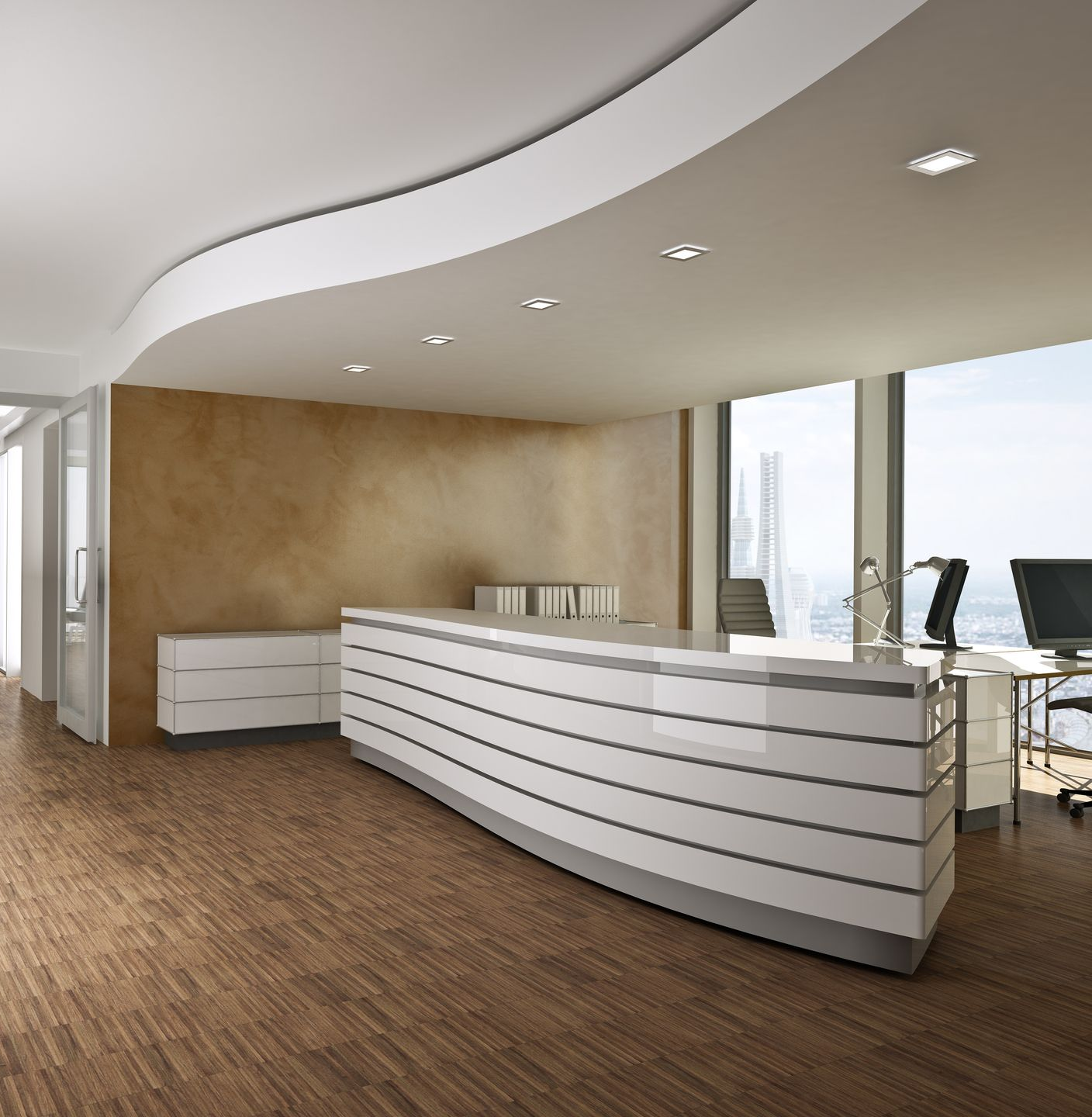 Un comptoir et du mobilier de rangement sur un sol de couleur marron