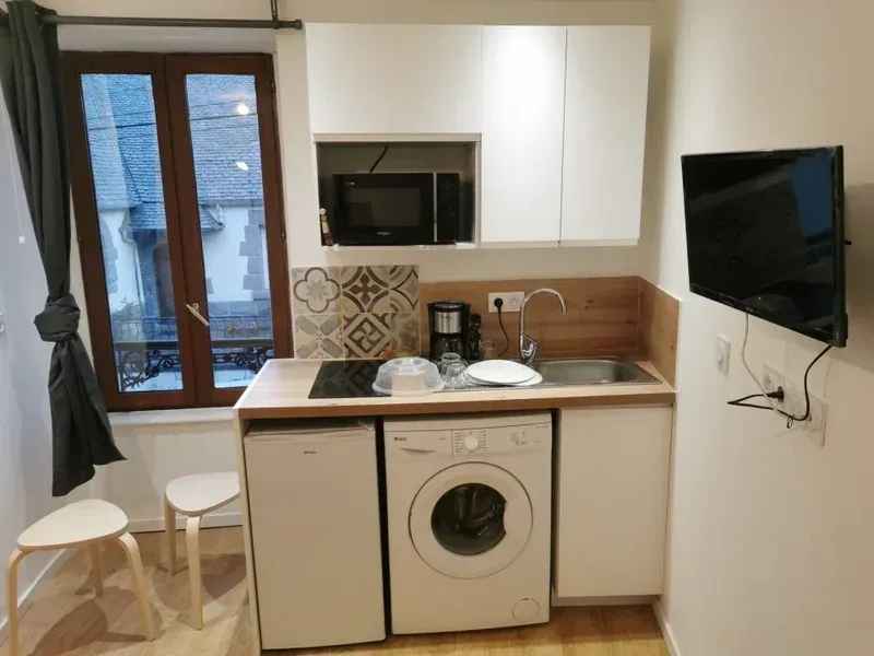 Petite cuisine équipée : réfrigérateur, lave-linge, micro-ondes, plaque de cuisson, évier et télévision murale. Fenêtre en bois en arrière-plan.