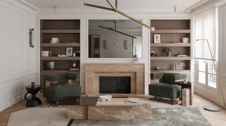 Salon avec des étagères intégrées, une cheminée, des fauteuils verts et une table basse moderne.