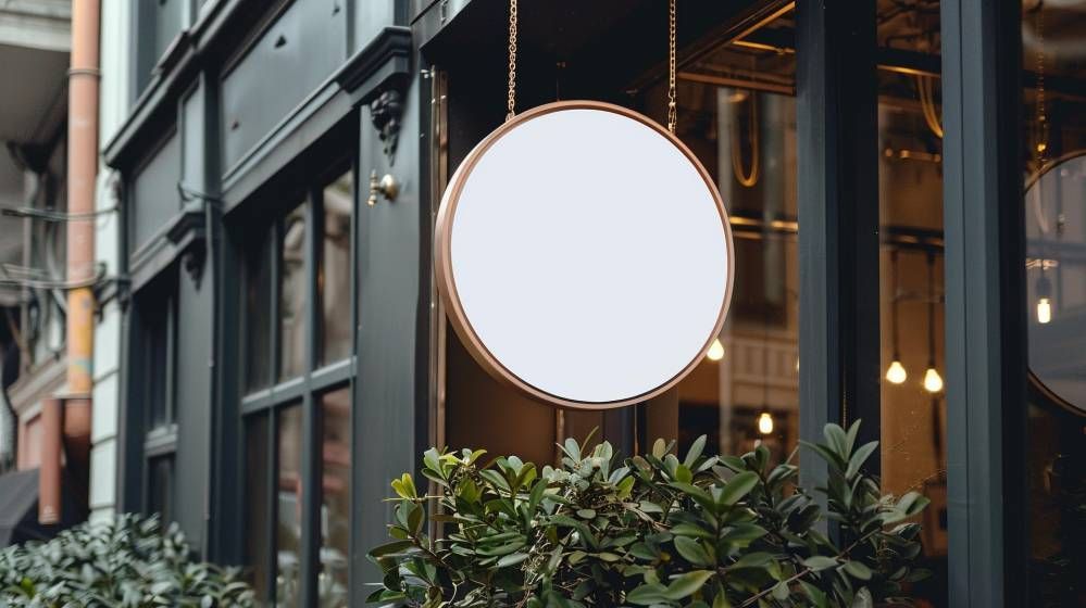 Panneau rond vierge à l’extérieur d’une vitrine encadrée de métal sombre, avec de la verdure