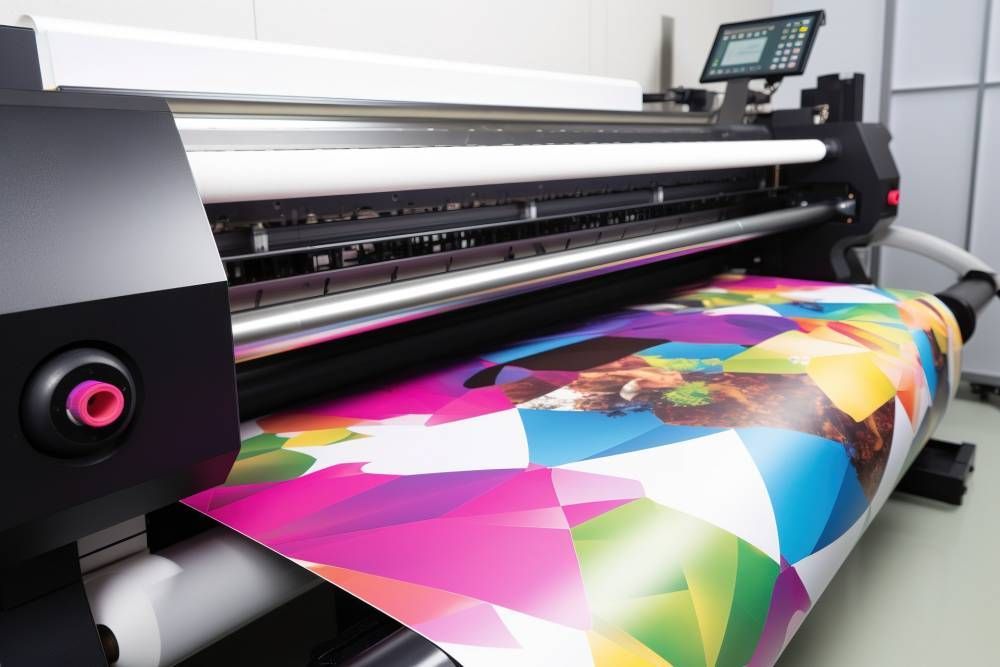 Imprimante grand format imprimant une bannière en tissu aux motifs géométriques colorés