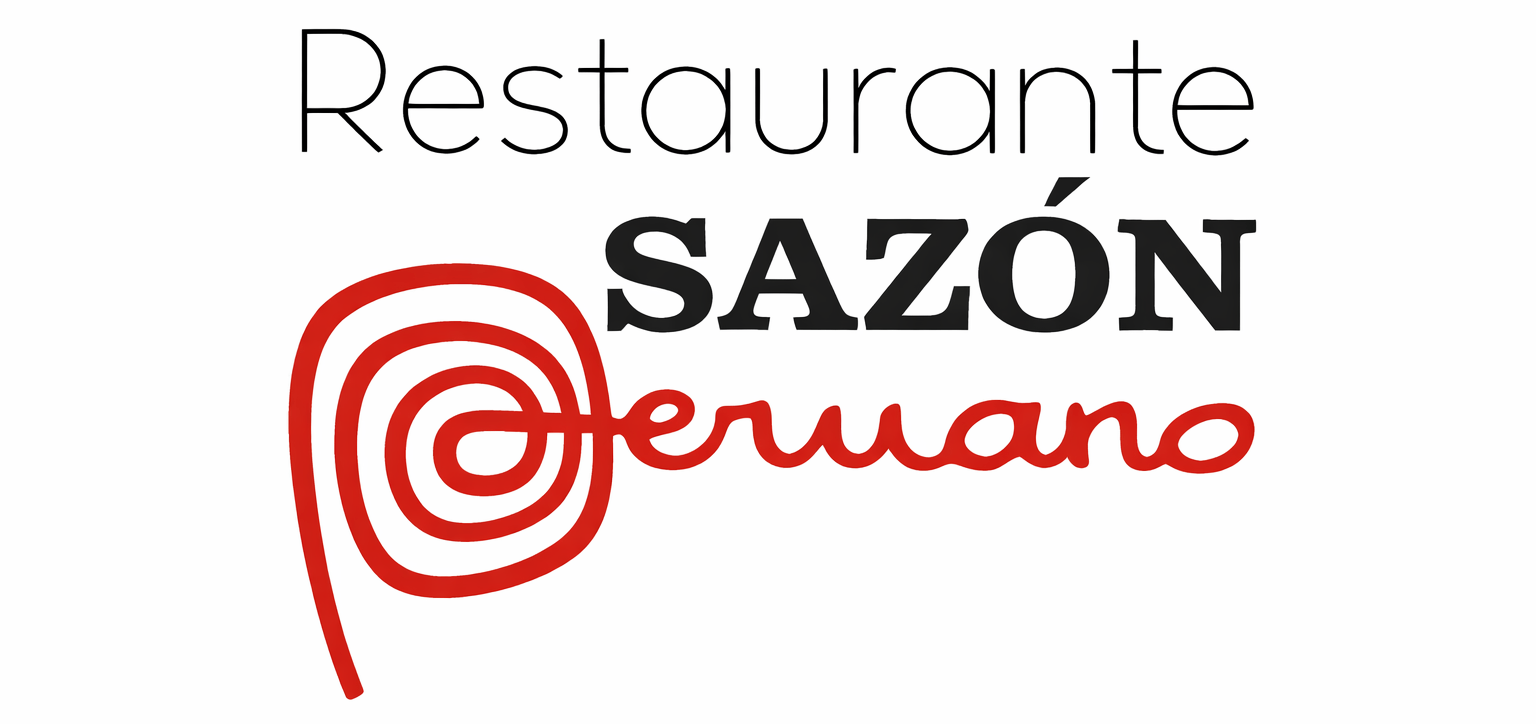 Logotipo del restaurante Sazón Peruano con diseño en espiral rojo. "Sazón" en negrita negra. "Peruano" en cursiva roja.