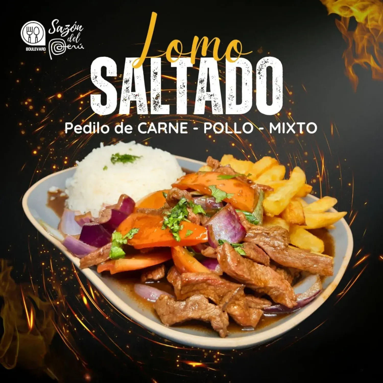 Salteado de carne con papas fritas y arroz. Cebolla roja, hierbas verdes y una guarnición de flores amarillas.