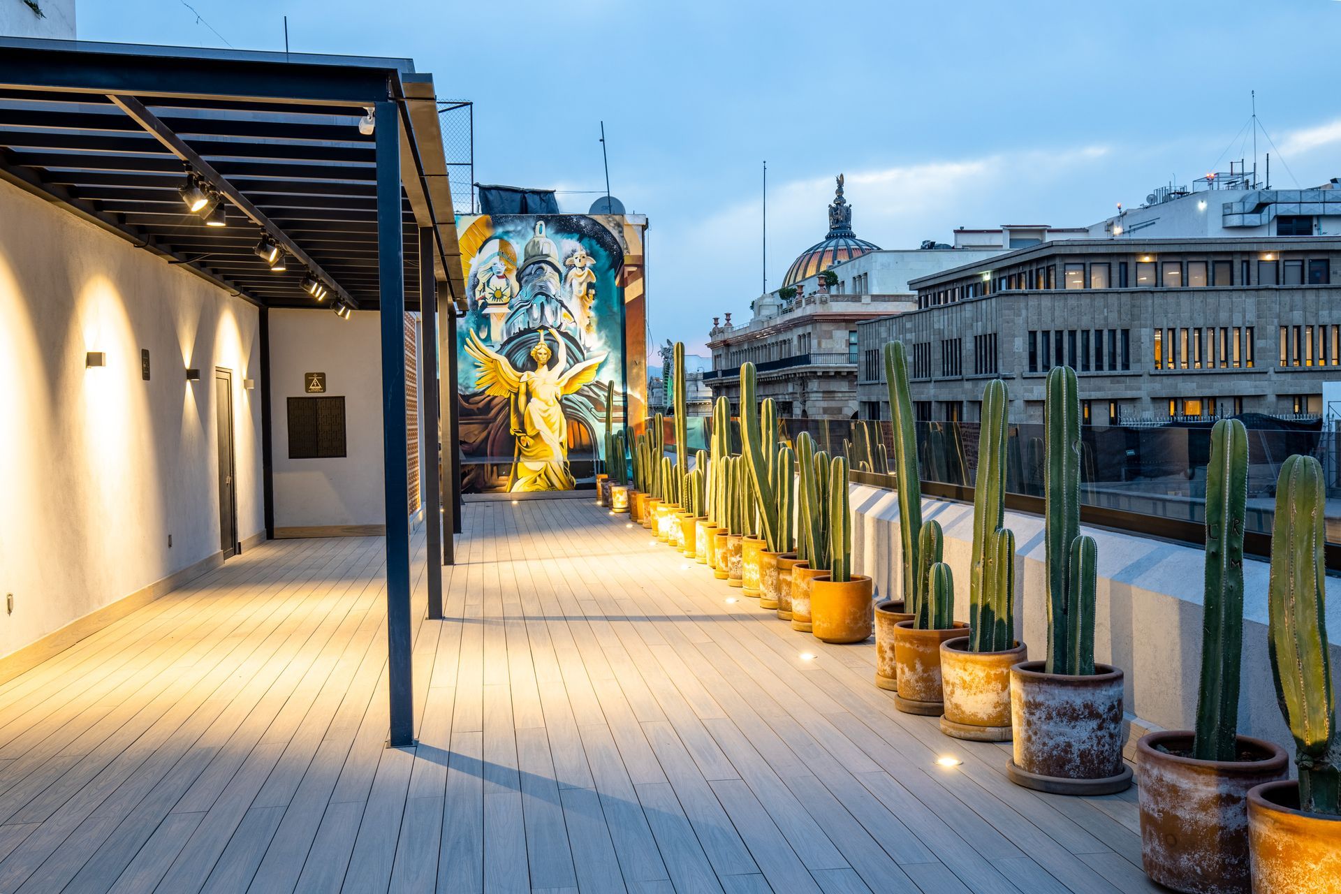 A row of potted cactus on a patio with a mural in the background