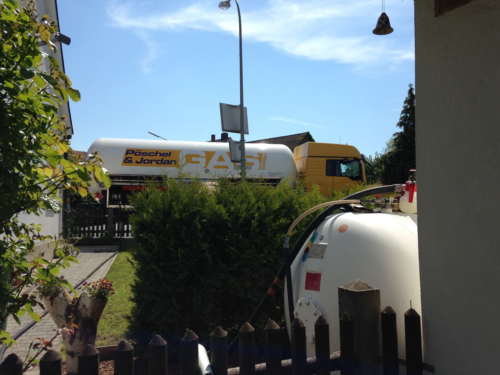 Roter Propangastank mit Flammensymbol neben gelben Gasleitungen.