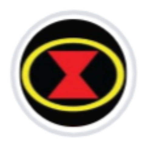 Símbolo de la Viuda Negra: reloj de arena rojo dentro de un óvalo amarillo sobre fondo negro, dentro de un círculo blanco.