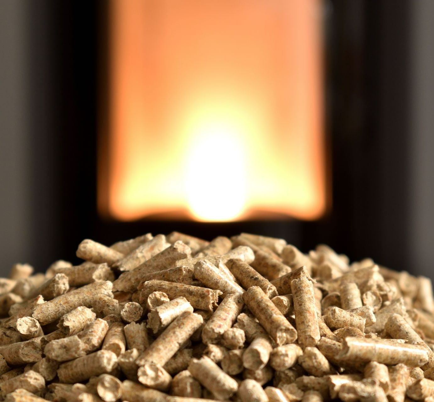 Granulés de bois devant un feu allumé
