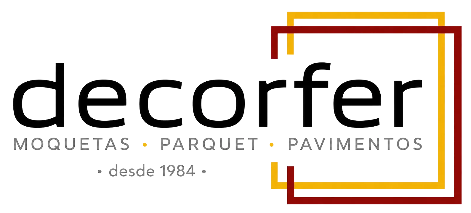 Logotipo de Decorfer con texto negro y marcos geométricos de color rojo anaranjado.