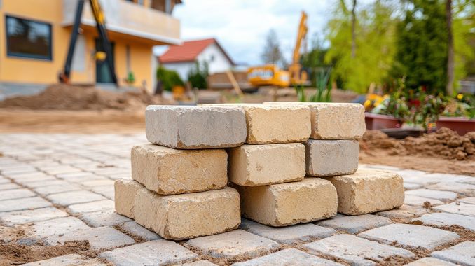 Ein Stapel hellbrauner Pflastersteine ​​auf einer gepflasterten Fläche.