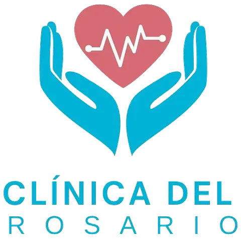 Un logotipo para la Clínica del Rosario con dos manos sosteniendo un corazón.