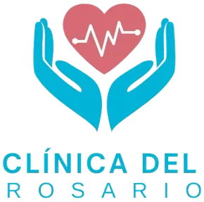 Un logotipo para la Clínica del Rosario con dos manos sosteniendo un corazón.