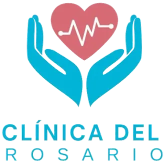 Un logotipo para la Clínica del Rosario con dos manos sosteniendo un corazón.