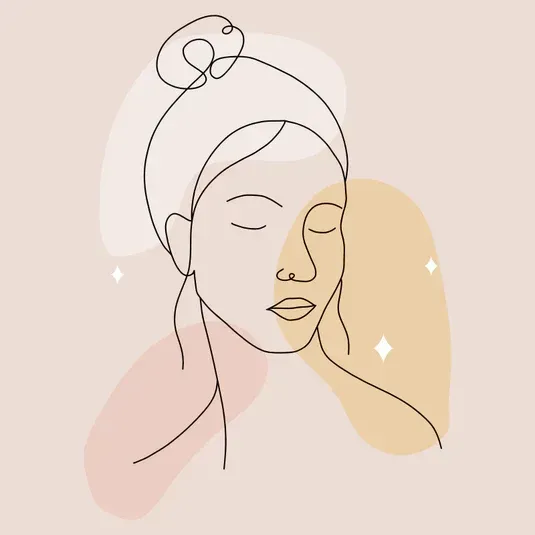 Eine Strichzeichnung des Gesichts einer Frau mit geschlossenen Augen.