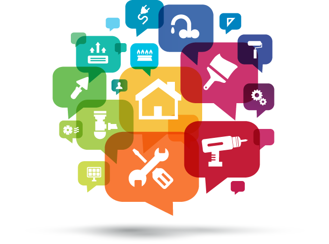 Illustration de bulles contenant des icônes représentant les travaux