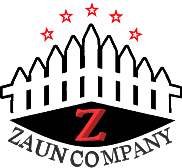 Logo: Schwarzer Zaun, rote Sterne, schwarze Raute, rotes „Z“, Text „Zaun Company“.