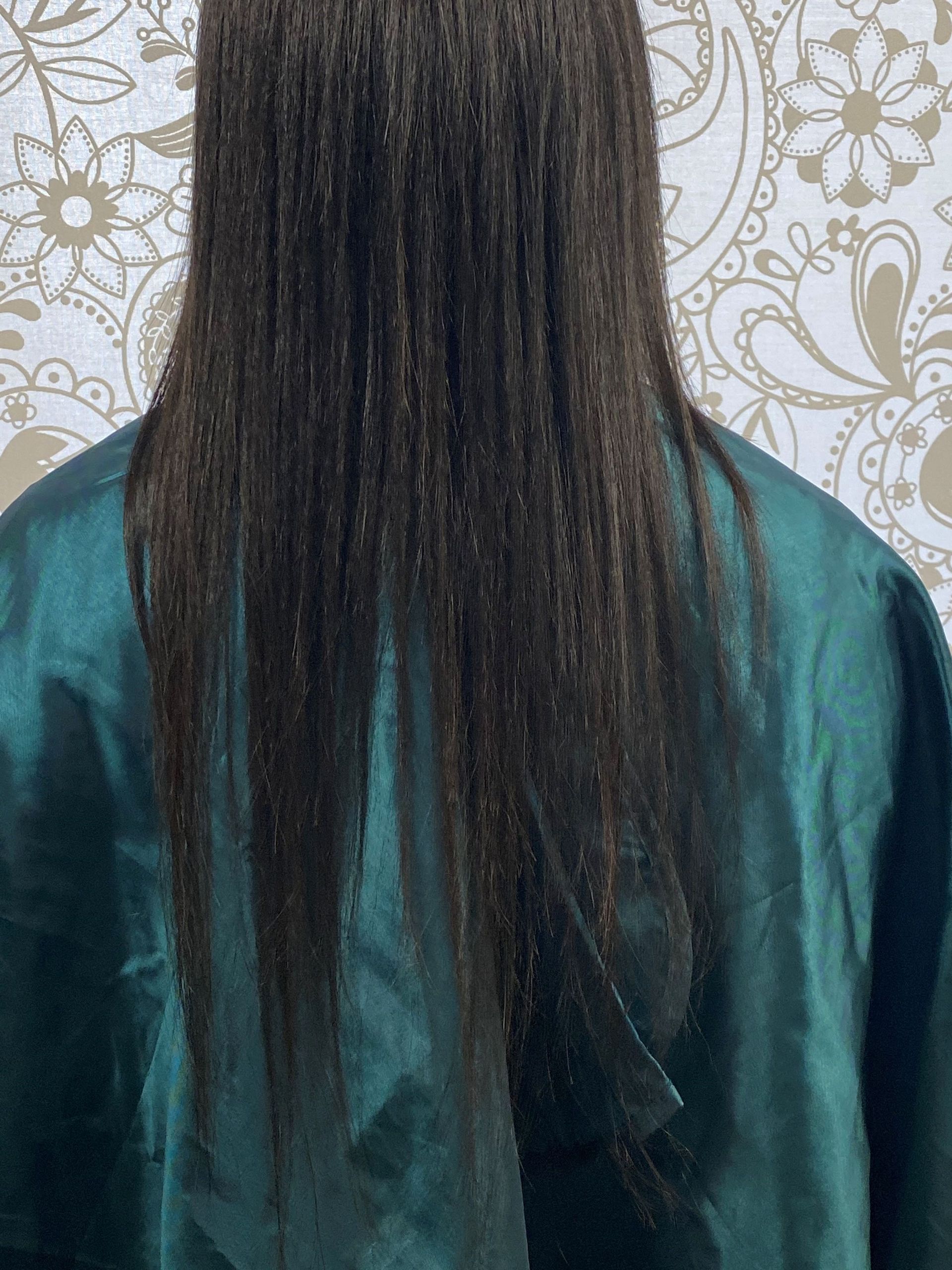 Langes, glattes, dunkles Haar; Rückansicht einer Person mit grünem Salonumhang.