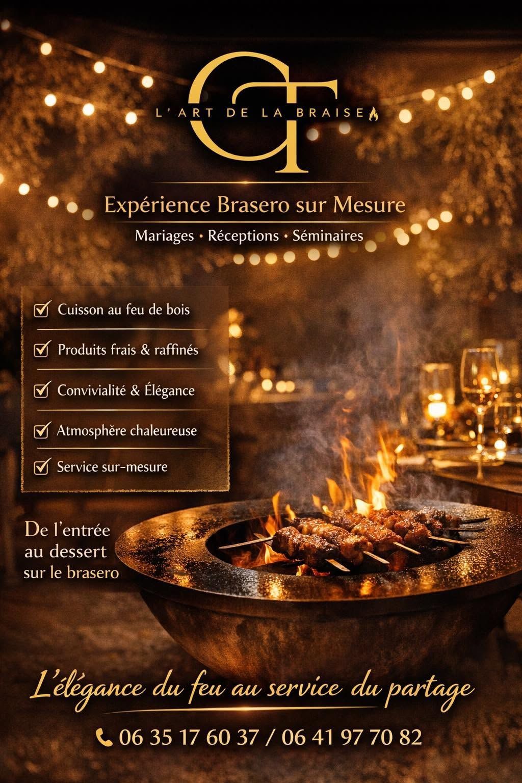 Affiche Expérience brasero sur Mesure, sur fond noir avec des guirlandes éclairées.