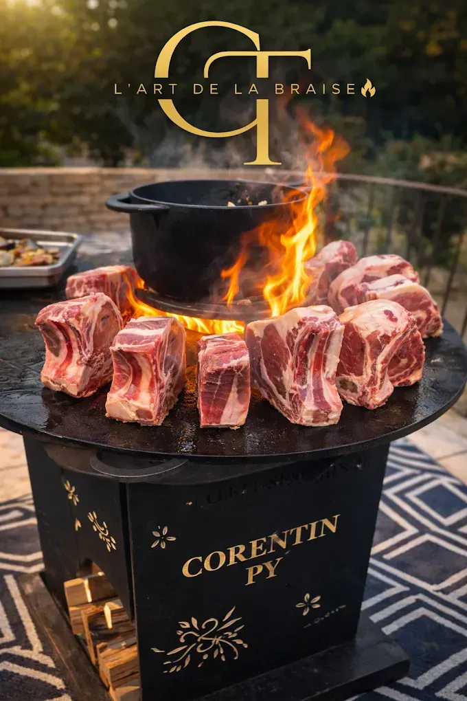 Barbecue de luxe avec des braises ardentes et des côtes de bœuf posées tout autour. 