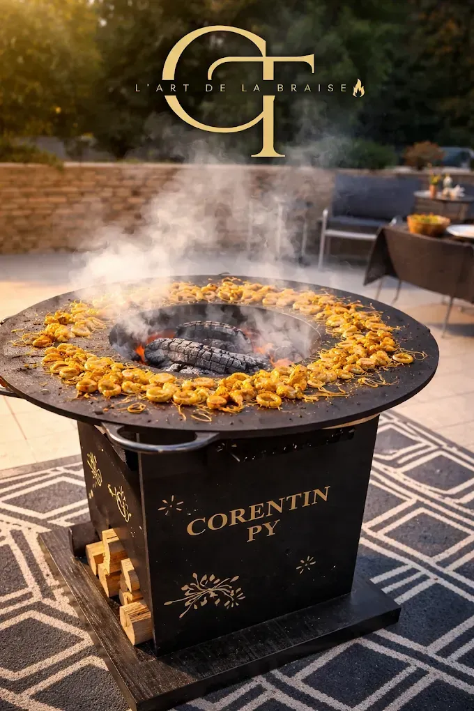 Brasero installé sur une terrasse, avec des crustacés en cours de cuisson.