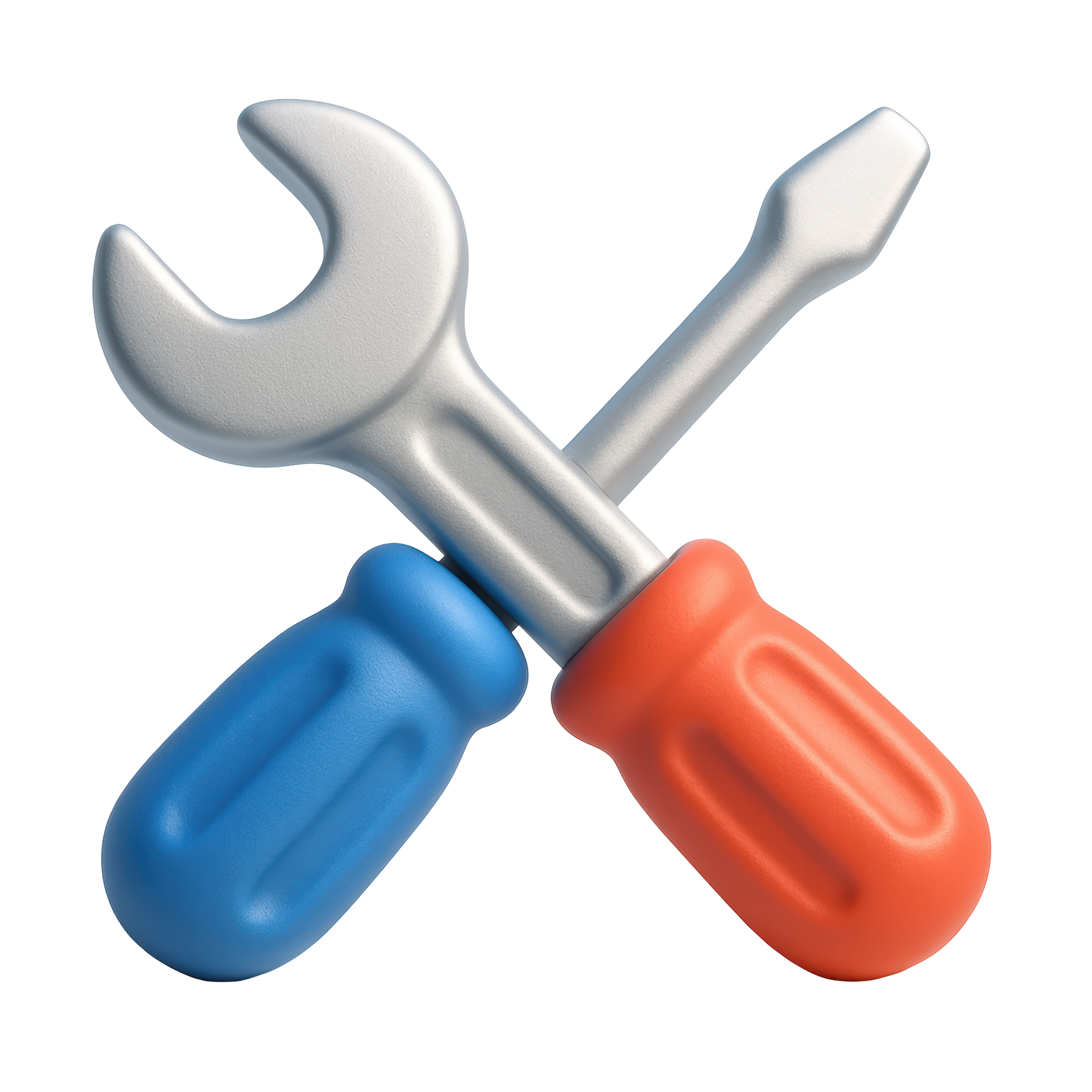 Illustration 3D d'une clé anglaise et d'un tournevis croisés.