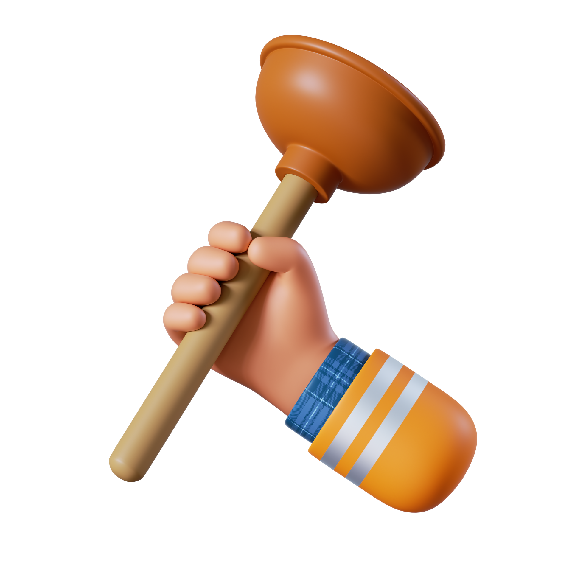 Illustration 3D d'une main qui tient une ventouse à déboucher.