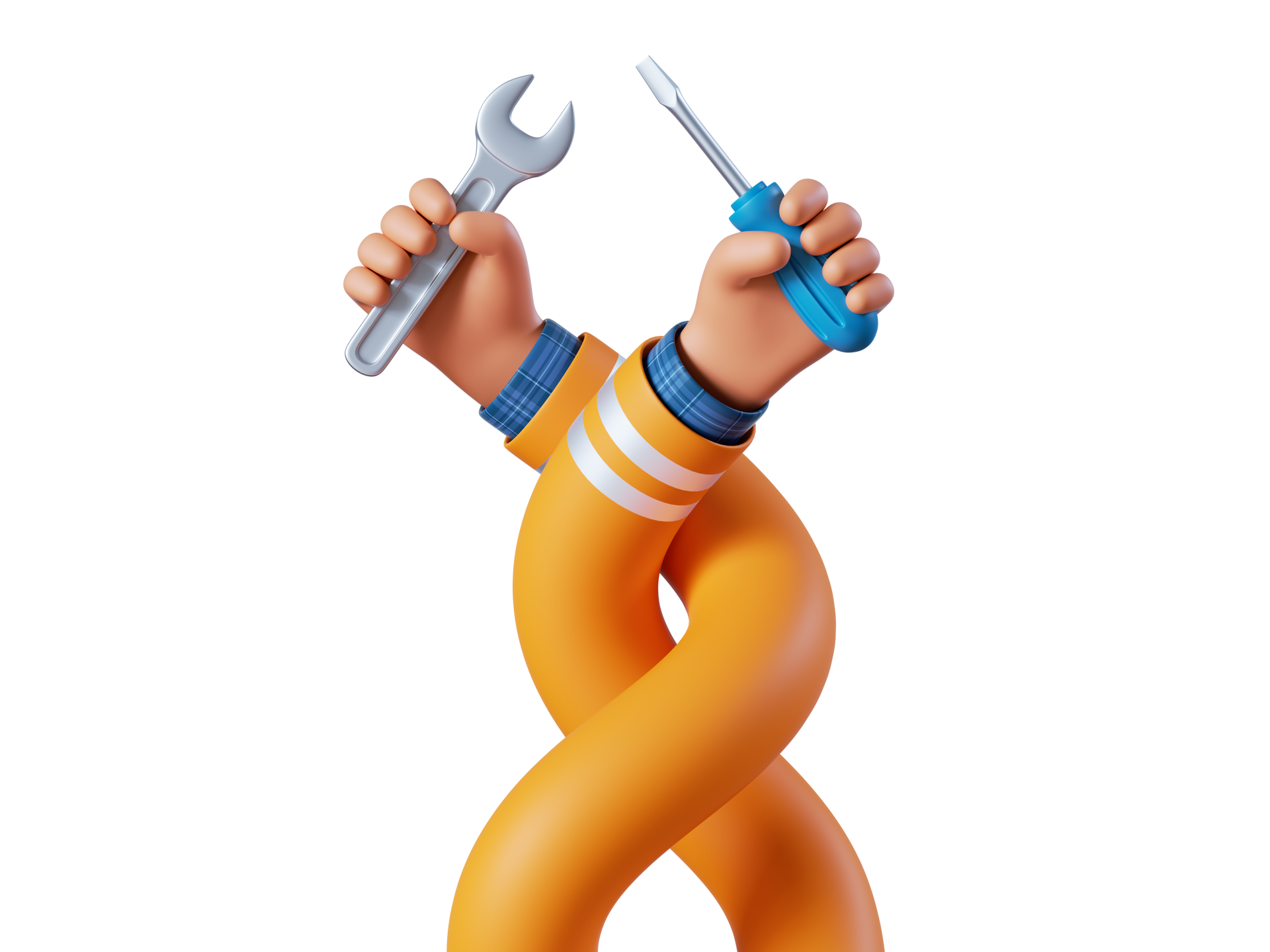 Illustration 3D de deux bras entrelacés donc une main tient une clé anglaise et l'autre un tournevis.