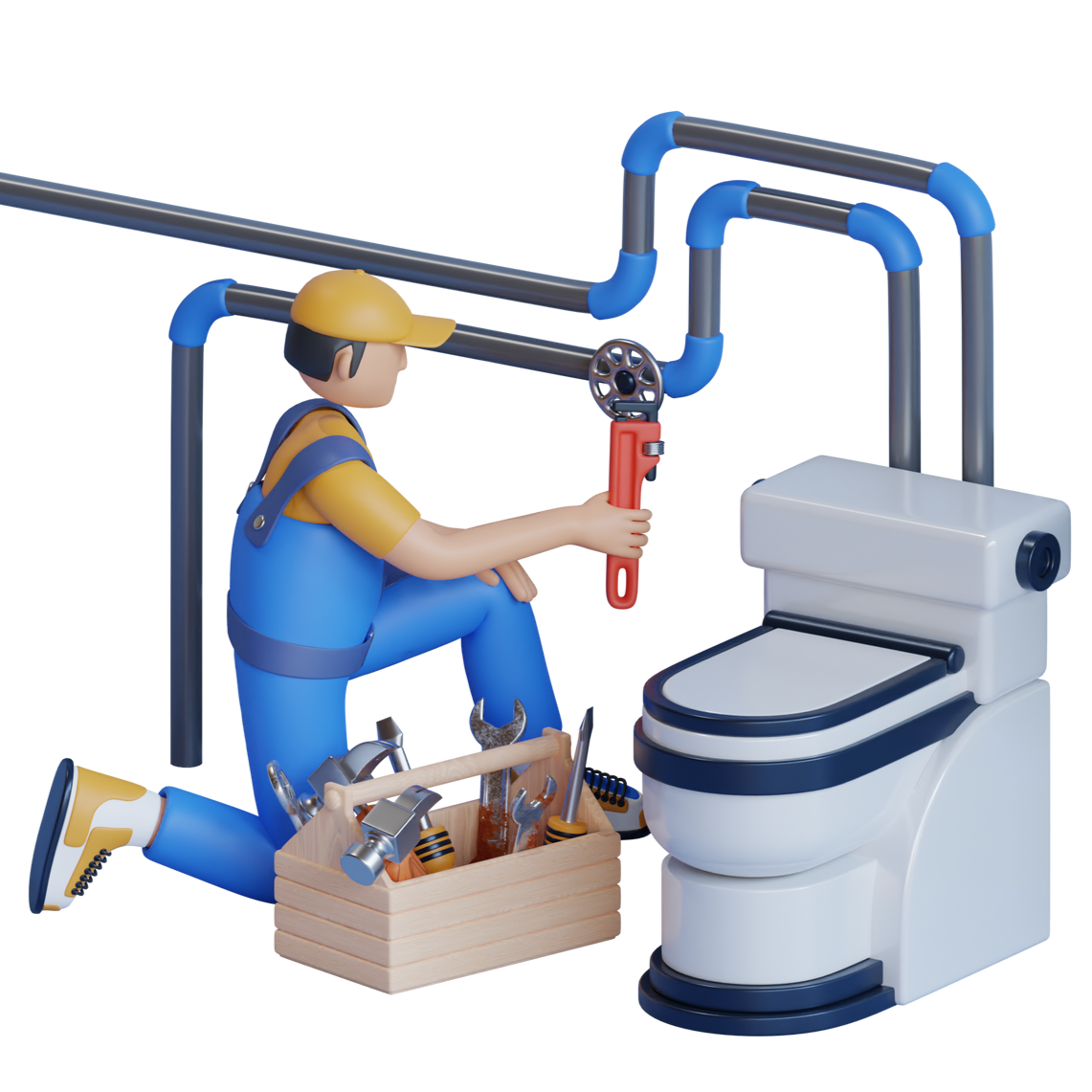 Illustration d'un plombier qui répare une canalisation au niveau d'un WC.