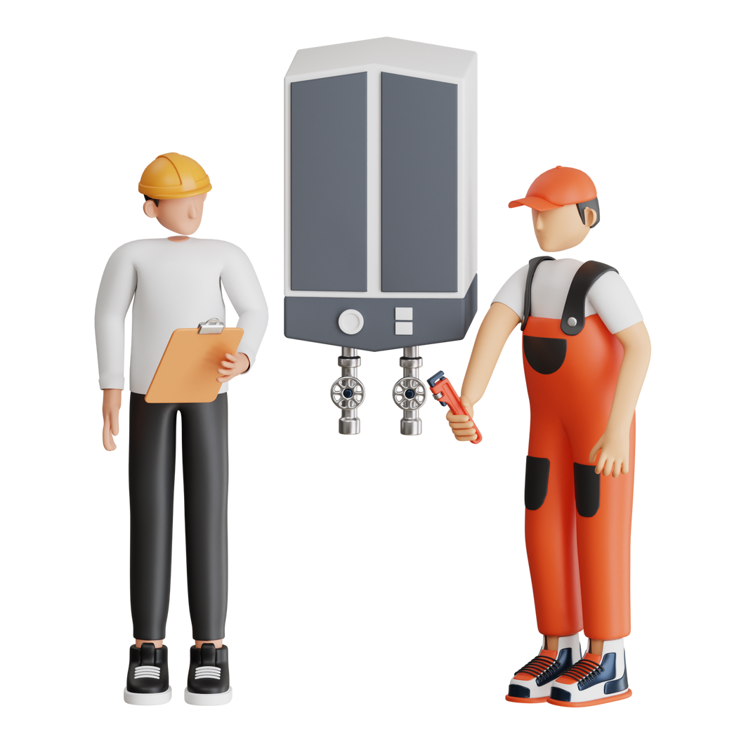 Illustration 3D de deux techniciens devant une chaudière.