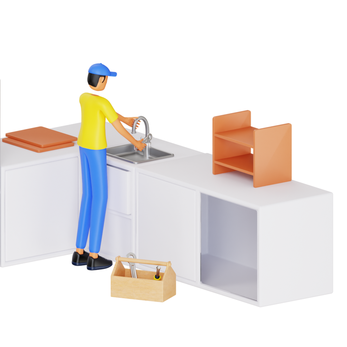 Illustration en 3D d'un plombier qui répare le robinet d'un évier.
