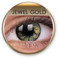 Eine Nahaufnahme des Auges einer Person mit juwelengoldenen Kontaktlinsen.