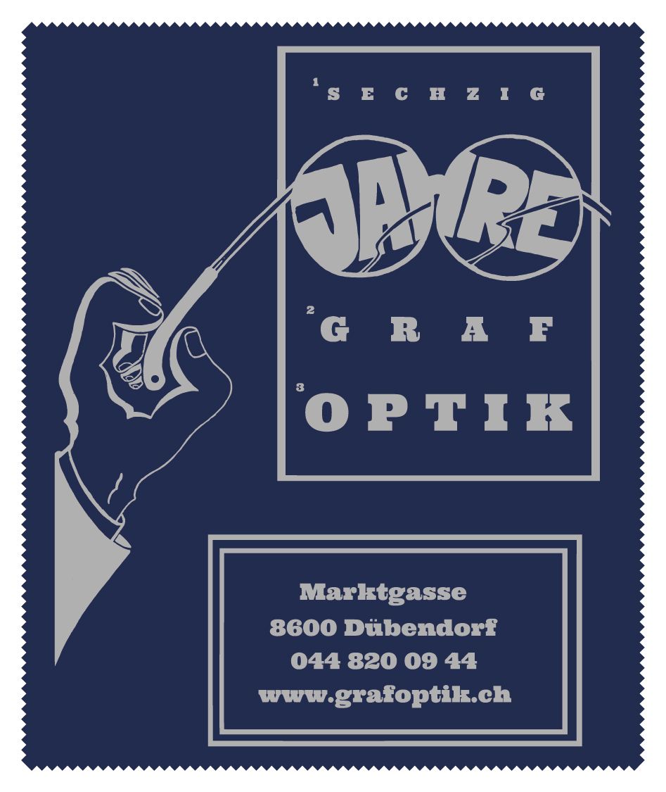 Eine Werbung für Jahre Graf Optik zeigt eine Hand, die eine Brille hält