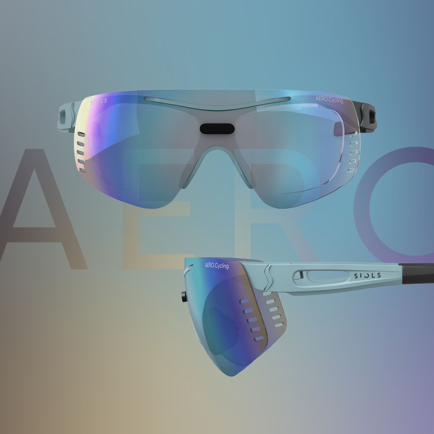 Eine Sonnenbrille mit violetten Gläsern auf blauem Hintergrund