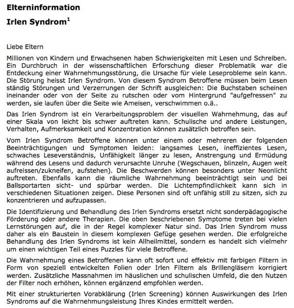 A page that says ' elterninformation irlen syndrom ' on it