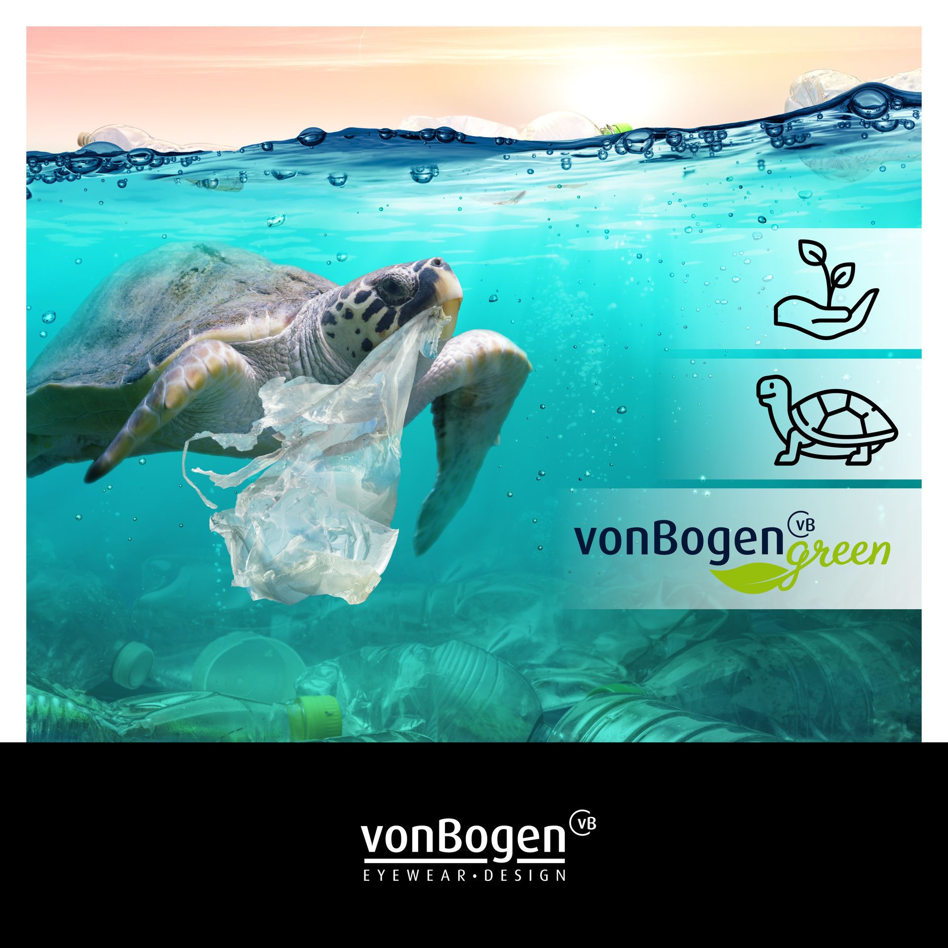 Eine Meeresschildkröte schwimmt mit einer Plastiktüte im Maul im Meer.