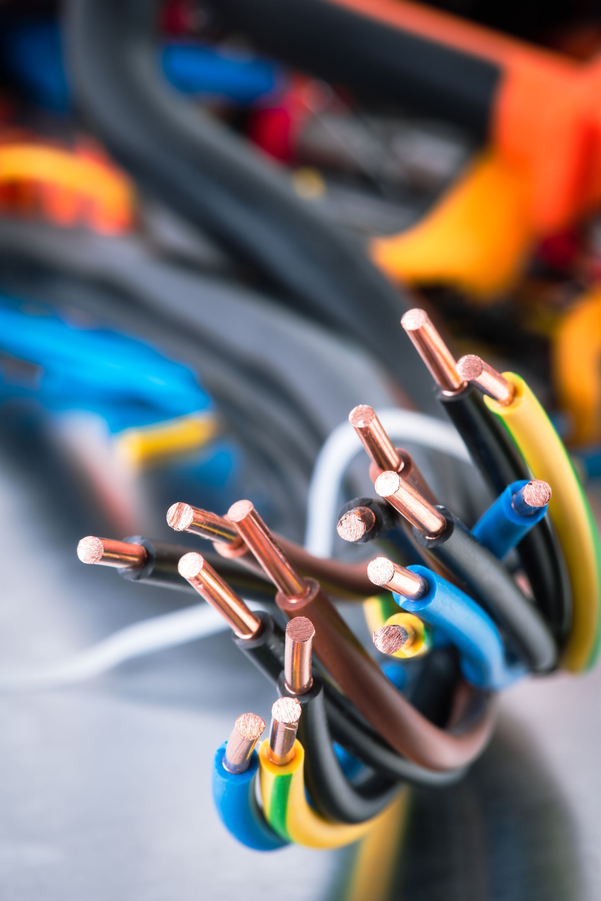 Fils électriques groupés avec extrémités en cuivre dénudées ; de couleurs variées.