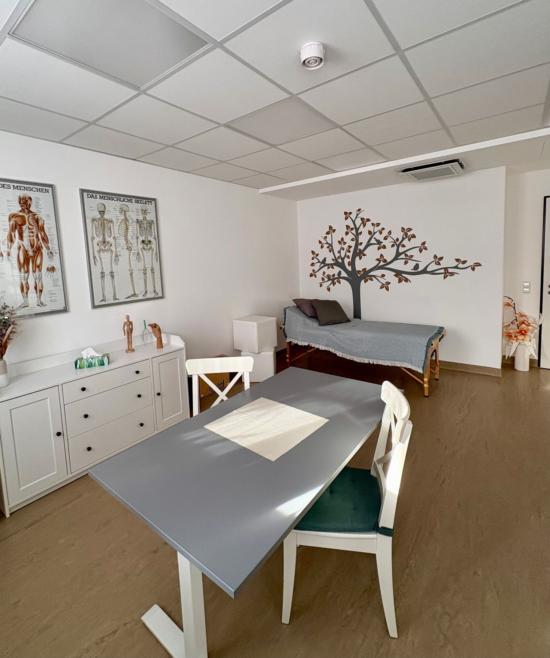 Heller Behandlungsraum mit Besprechungstisch, Liege und anatomischen Postern an der Wand.Bild des Behandlungsraum