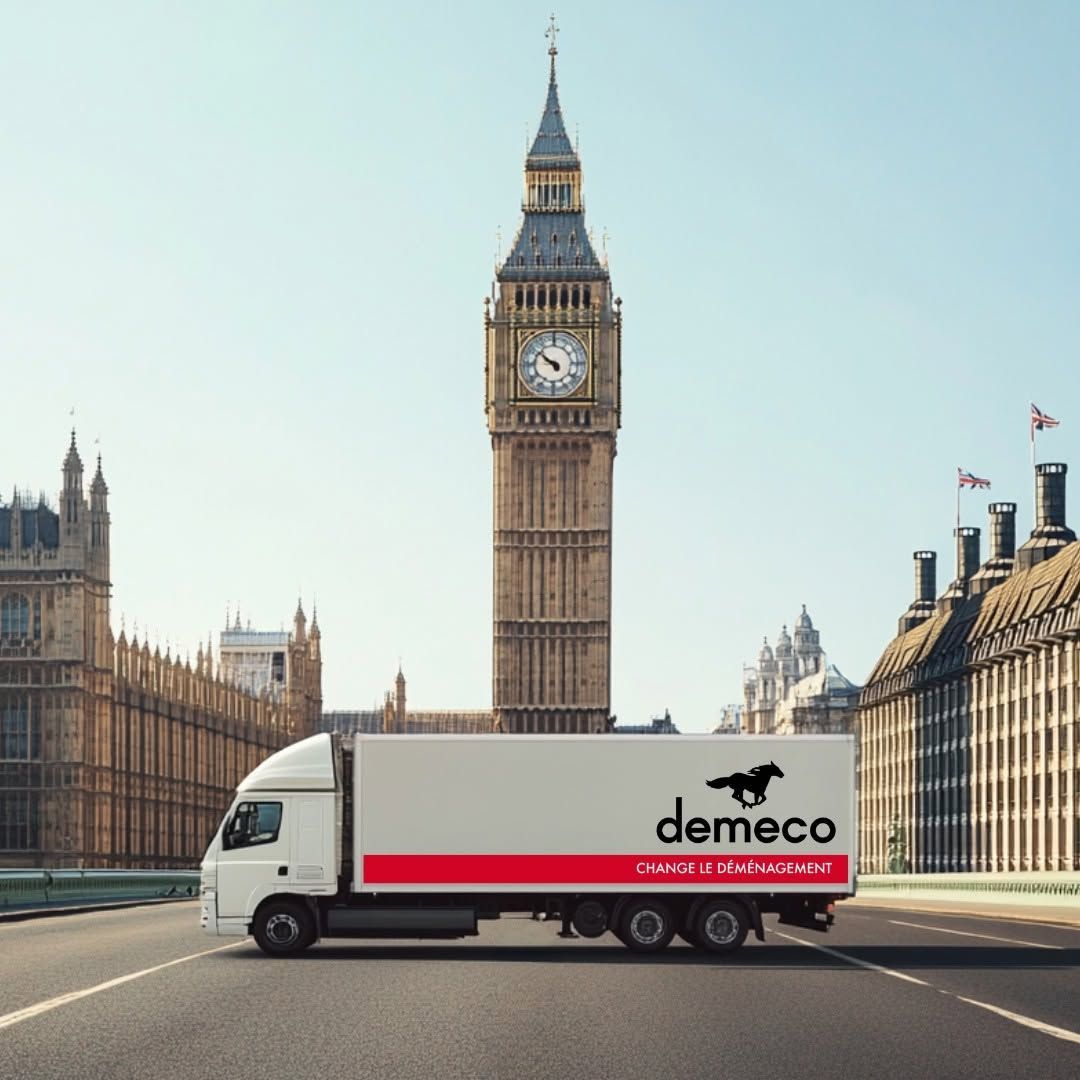 Camion de livraison aux couleurs de Demeco passant devant Big Ben à Londres